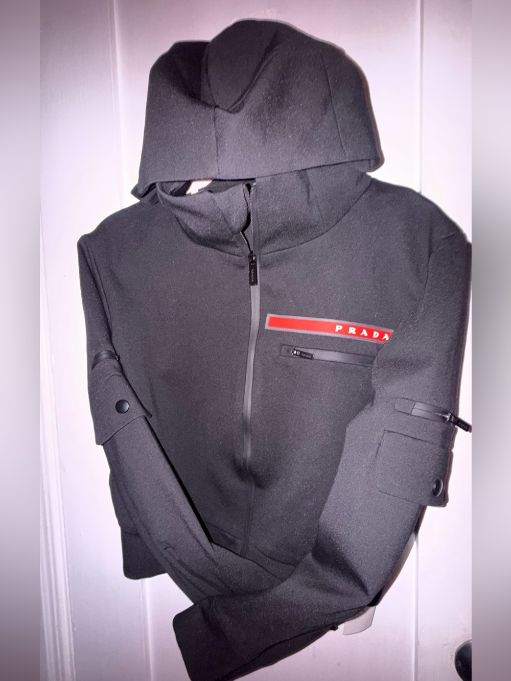 2021 Prada Black Hooded Utility Zip Jacket with Red Logo Stripe